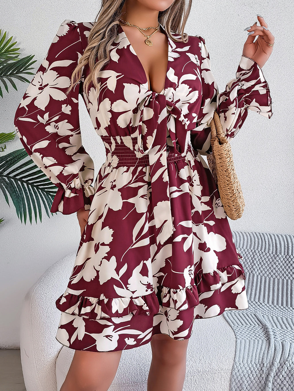 Women's Floral Long Sleeve Scalloped Hem A-Line Dress