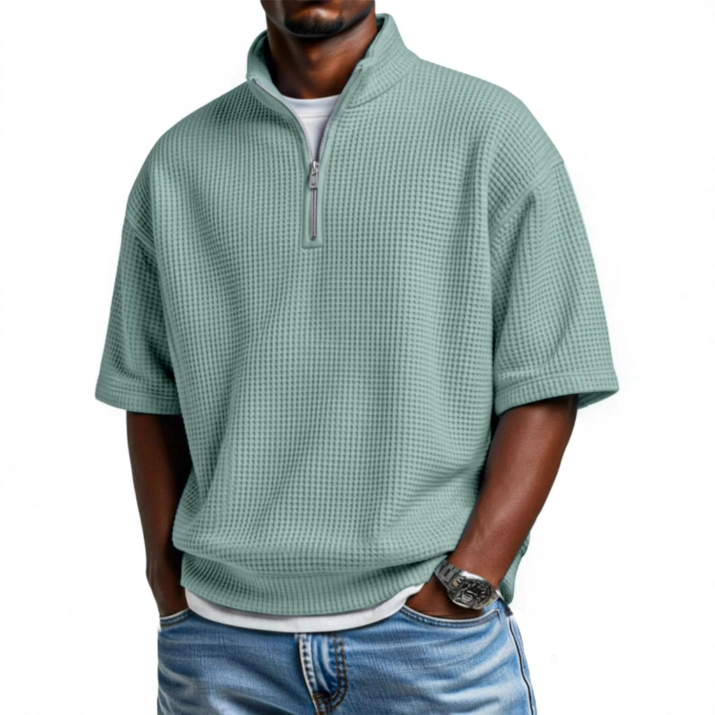 Waffle-knit Short-sleeve Polo Shirt For Men Loose-fitting Half-zip T-shirt