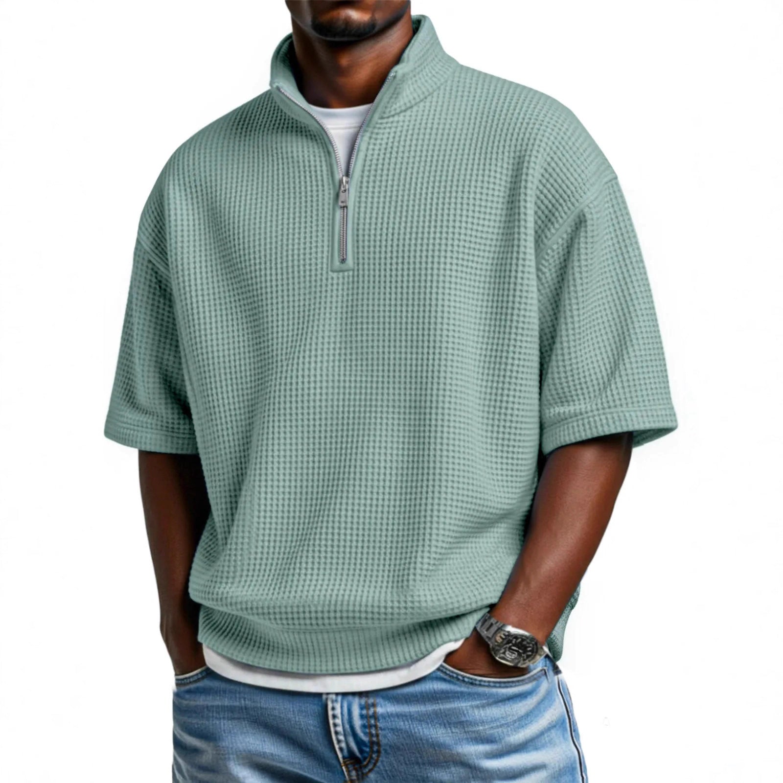 Waffle-knit Short-sleeve Polo Shirt For Men Loose-fitting Half-zip T-shirt