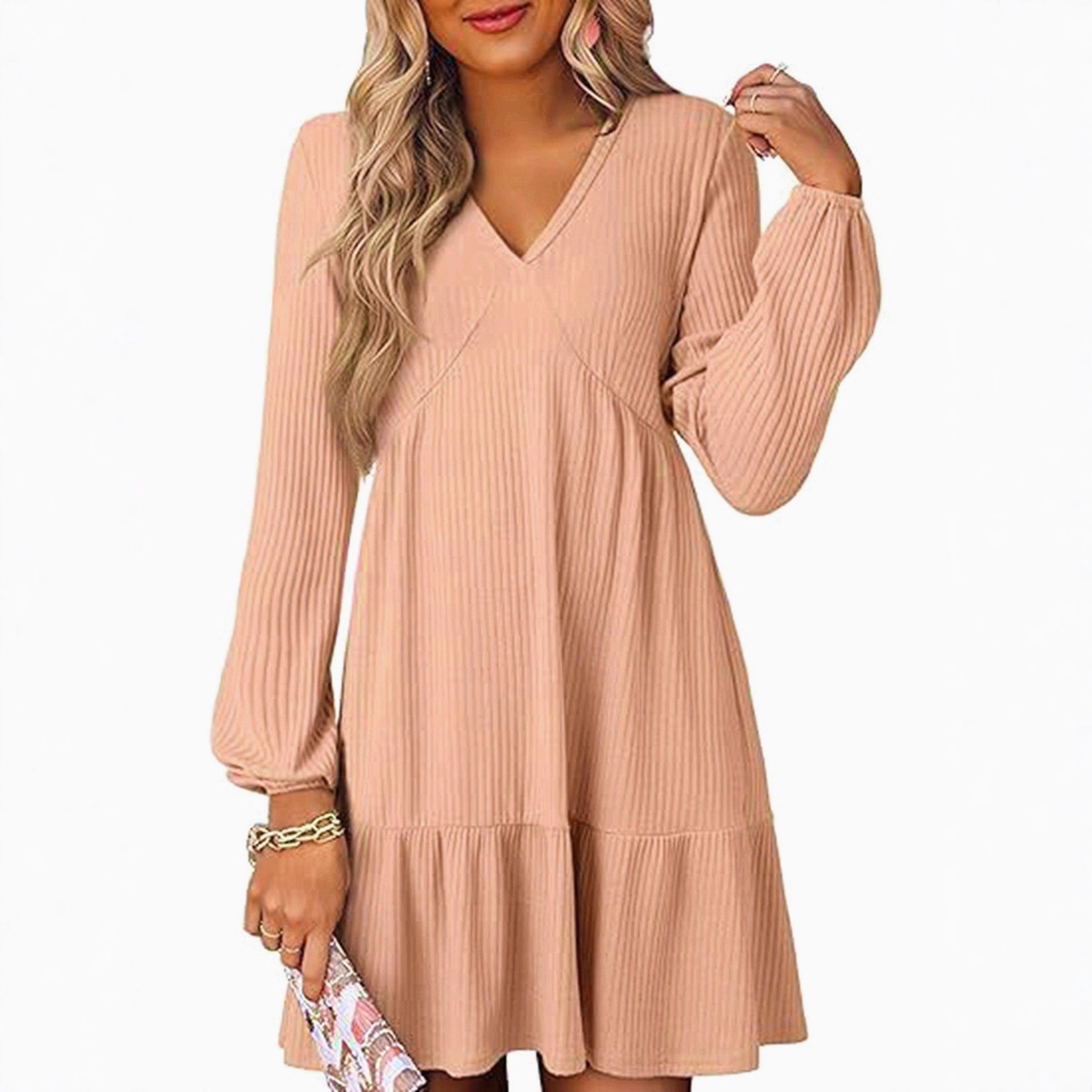 Cinched Waist V-Neck Casual Loose-Fit Straight-Shape Long-Sleeve Dress