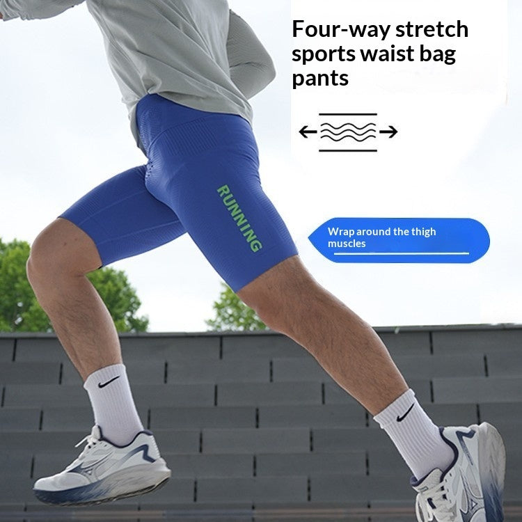 Sports Fitness Compression Shorts Running Cycling Waist Bag Quarter Pants