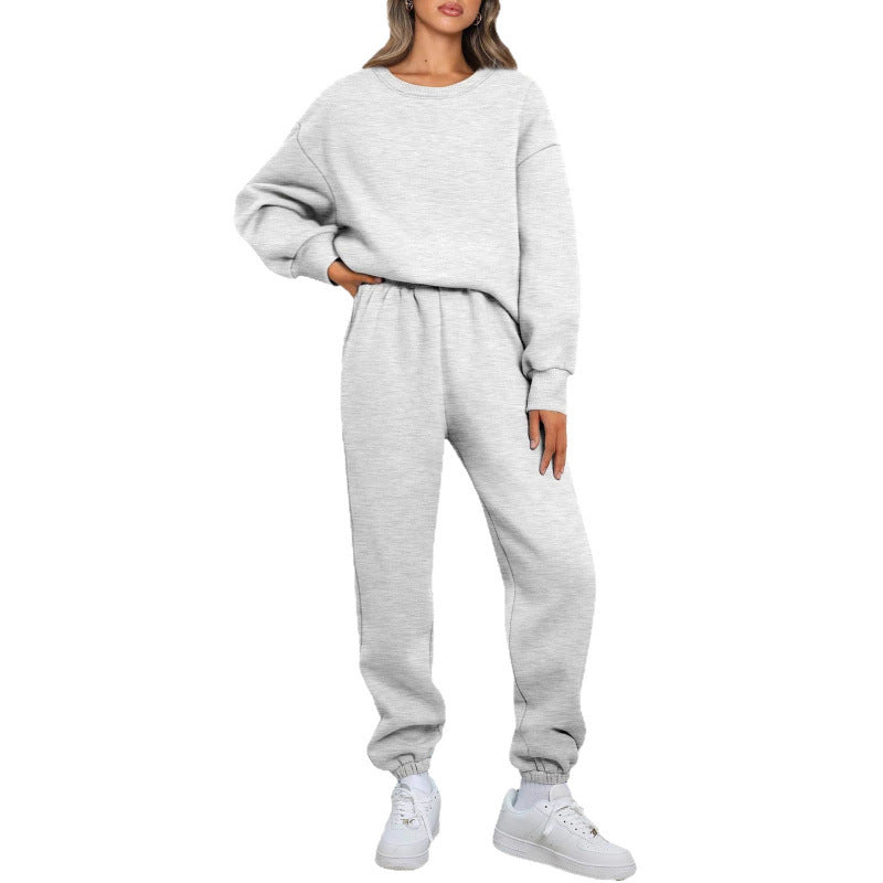 Winter Solid-color Fashionable Crew-neck Pullover With Fleece Lining