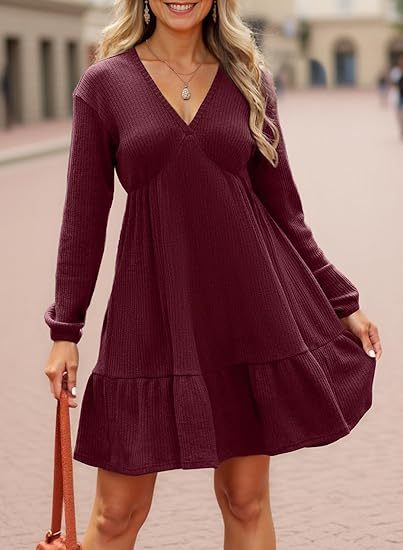 Cinched Waist V-Neck Casual Loose-Fit Straight-Shape Long-Sleeve Dress