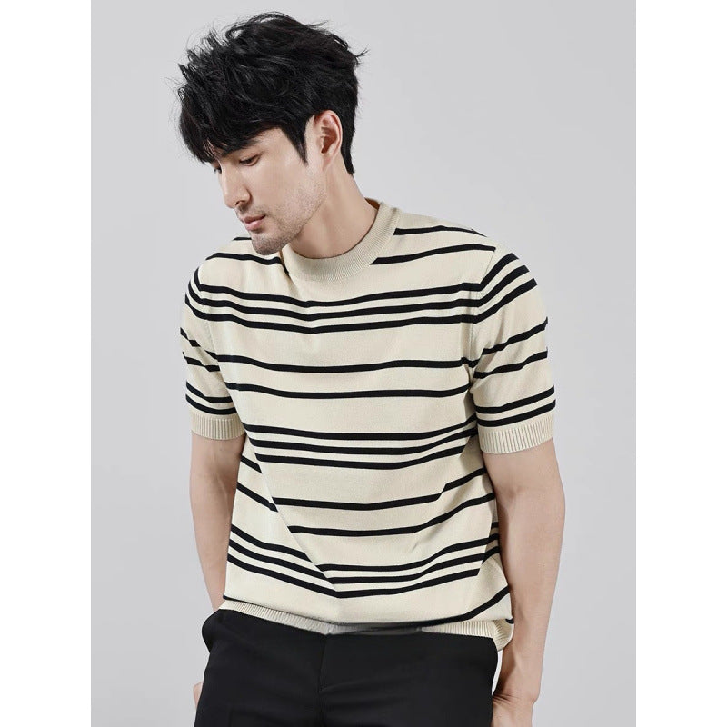 Knitted Ice Silk T-shirt Men's Short Sleeve Black And White Stripes