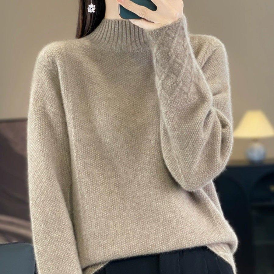 Retro Jacquard Knitted HalfHigh Neck Base Sweater Loose Effortless Base Top
