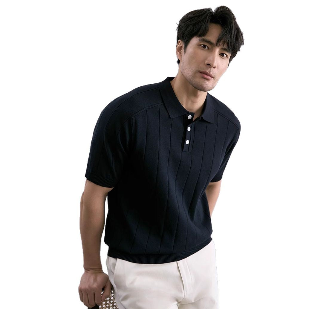 Summer New Knitwear Ice Silk Short Sleeve Men's Striped Slim Fit