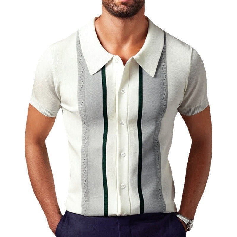 Summer New Men's Knitted Lapel Casual Striped Polo Shirt