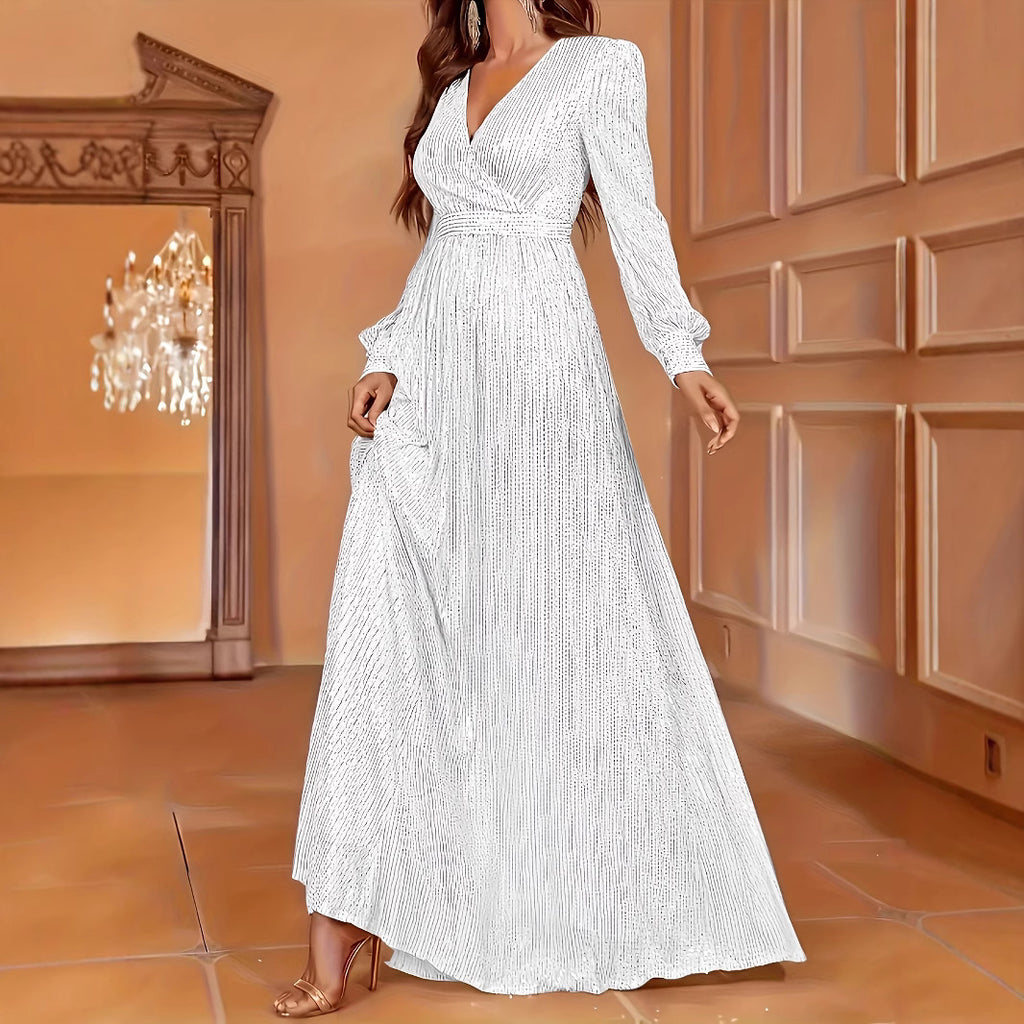 Elegant Dinner Sequined Long Sleeve V-neck High Waist Evening Dress