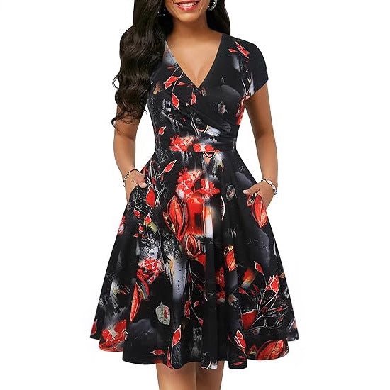 Women's Retro Floral Print Polka-Dot V-Neck Full-Sleeve Casual Dress With Pockets