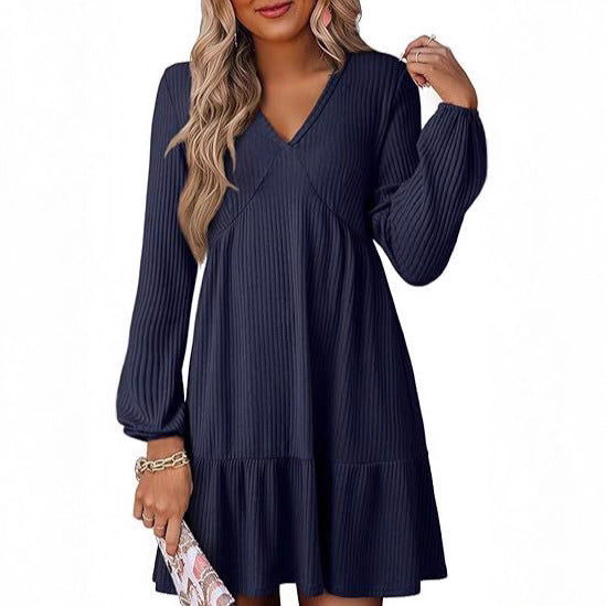 Cinched Waist V-Neck Casual Loose-Fit Straight-Shape Long-Sleeve Dress