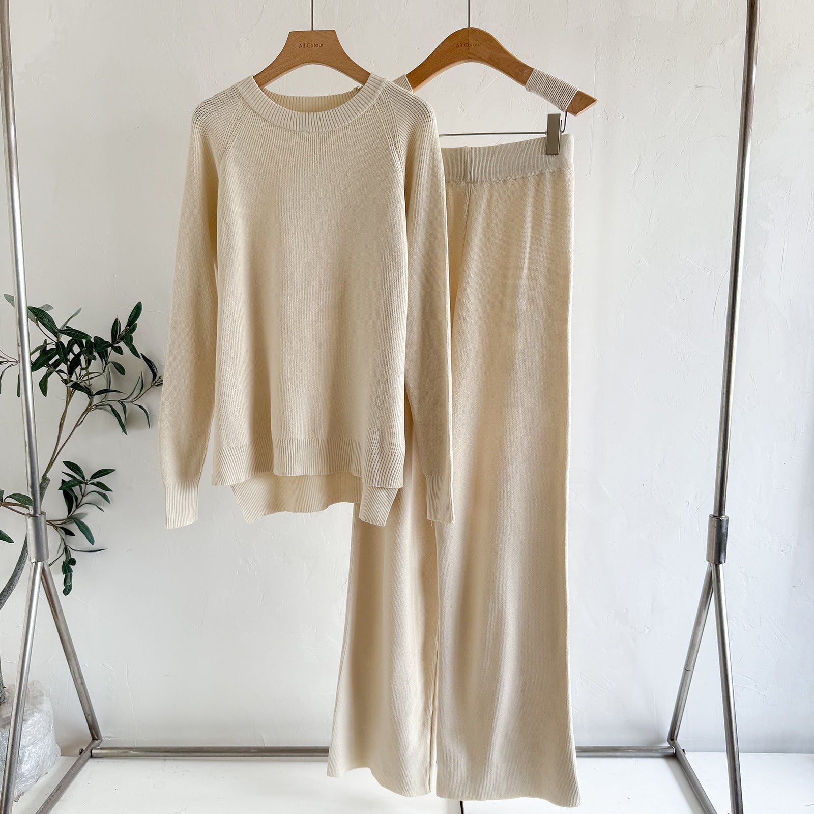 Women's Loose Knitted Long-Sleeve Crew-Neck Fashionable Wide-Leg Pants Two-Piece Set