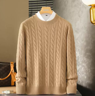Pure Cashmere Sweater Round Neck Double-ply Cable Knit Thickened Warm Base Layer