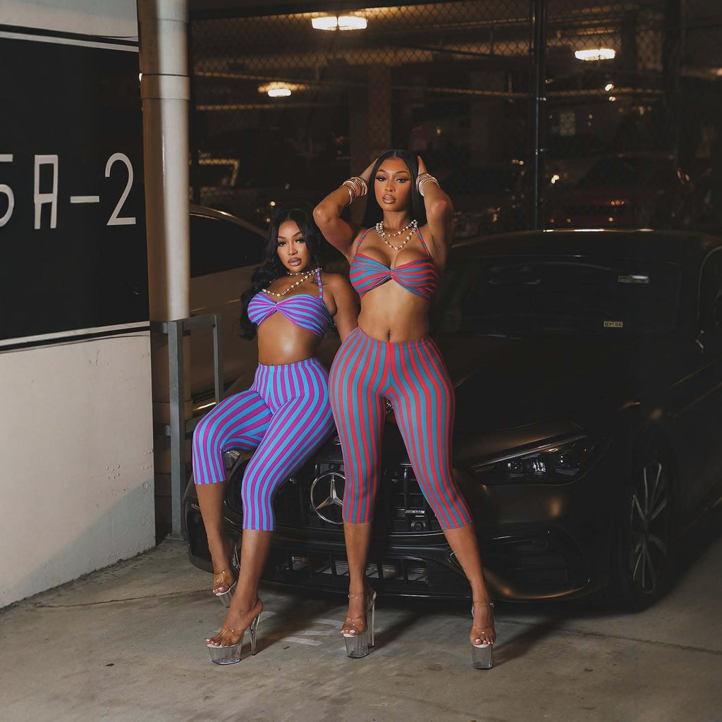 Fashionable Vacation Striped Contrasting Color Slim-fit Sexy Cropped Halter Top And Capri Pants Set