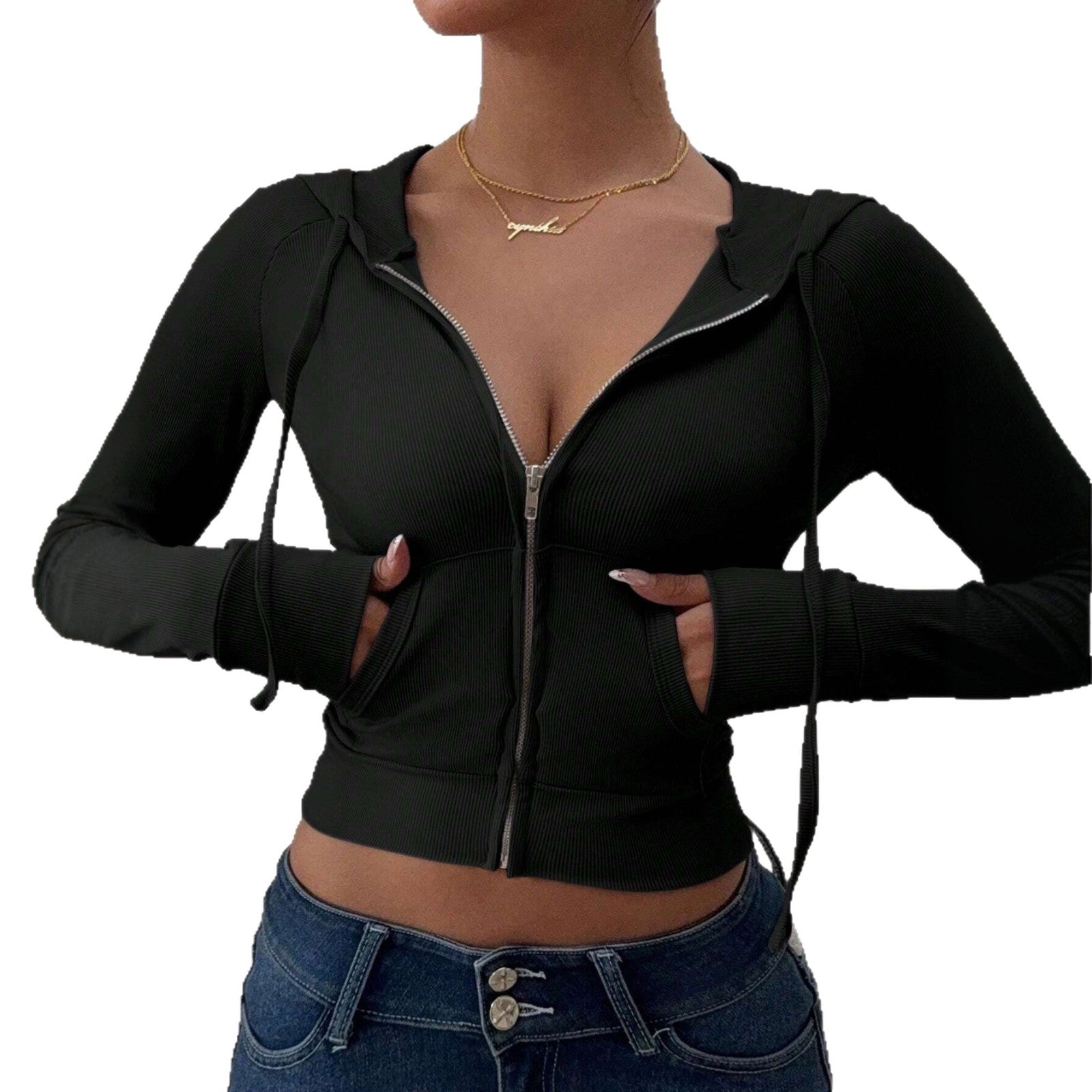 Fashionable Solid-Color Pocket Casual Loose-Fit Hooded Jacket