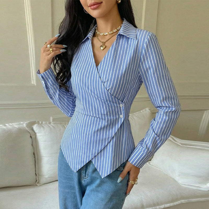 New European And American-style Long-sleeve Shirt Cardigan With An Asymmetrical Design