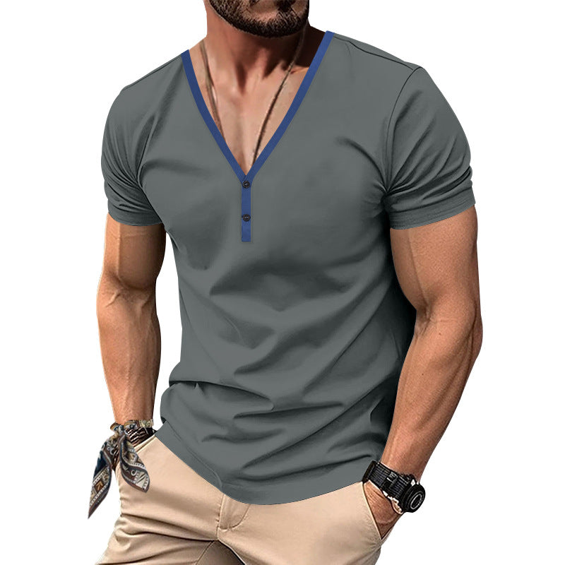 Men's European And American Casual V-neck Contrast Color Henley Slim-fit Top