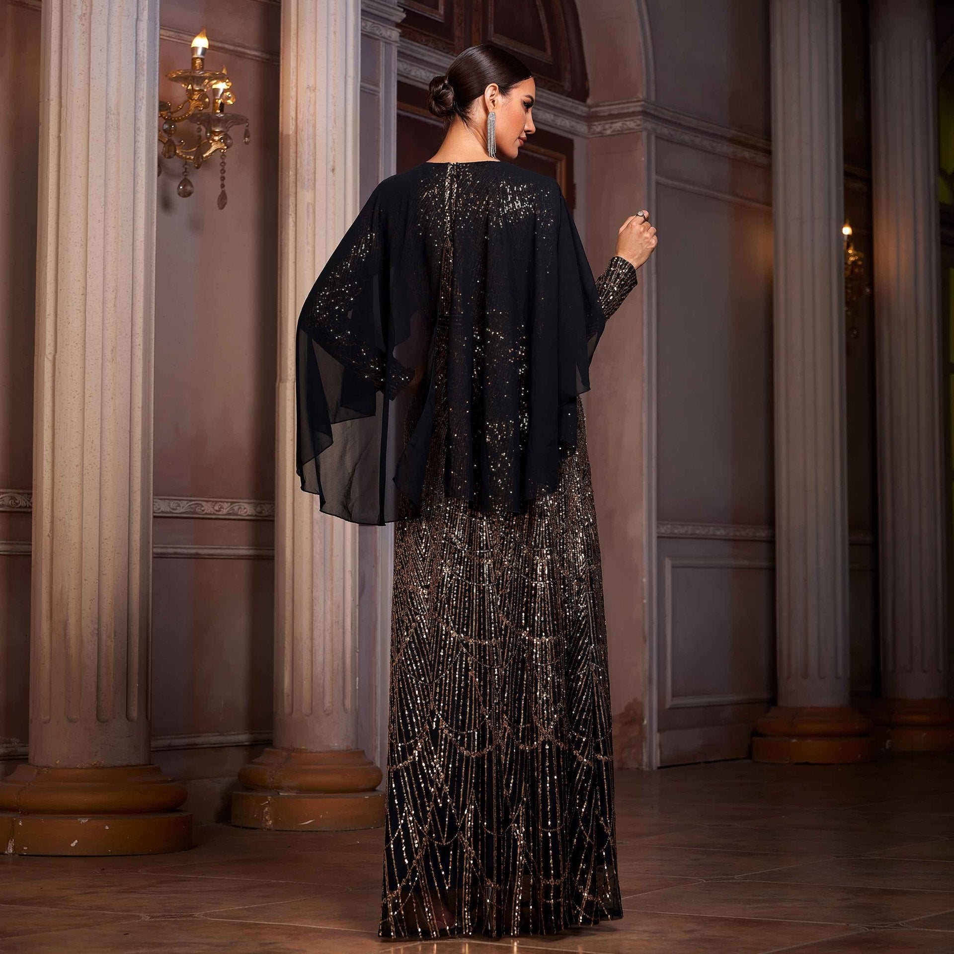 Elegant Long Sleeve Round Neck Shawl Banquet Sequined A- Line Evening Dress