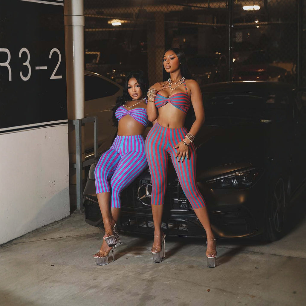 Fashionable Vacation Striped Contrasting Color Slim-fit Sexy Cropped Halter Top And Capri Pants Set