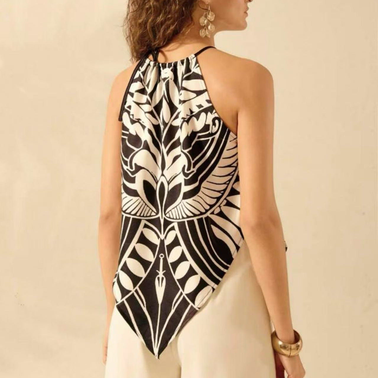 Women's Fashionable And Sexy Lace-up Halterneck Printed Sleeveless Top