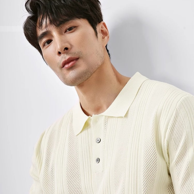 Summer New Hollowed Out Lapel Knit Men's Fashion Casual Short Sleeve