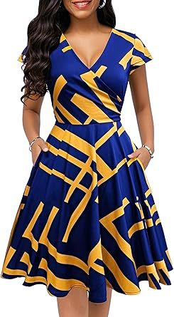 Women's Retro Floral Print Polka-Dot V-Neck Full-Sleeve Casual Dress With Pockets