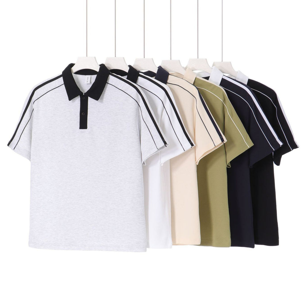 Casual Lapel Short Sleeve T-Shirt Loose Cotton Drop Shoulder Polo Shirt