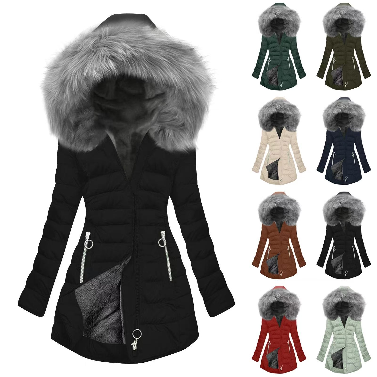 Women's Thick Cotton Coat With A Large Fur Collar