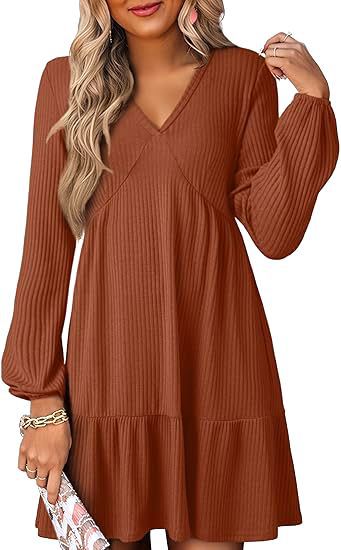 Cinched Waist V-Neck Casual Loose-Fit Straight-Shape Long-Sleeve Dress