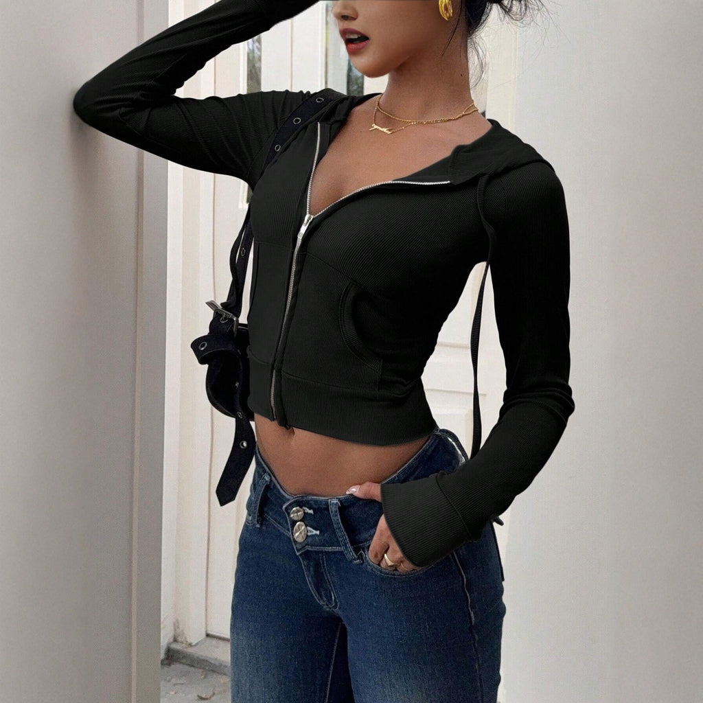 Fashionable Solid-Color Pocket Casual Loose-Fit Hooded Jacket