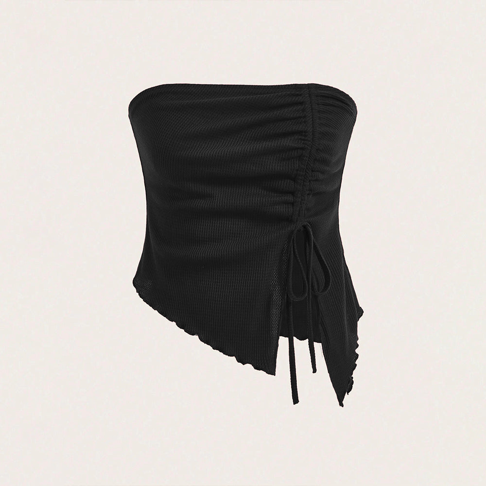 Women's Summer New Arrival Drawstring Slit Asymmetrical Waffle-Texture Slim-fit Tube Top Bustier