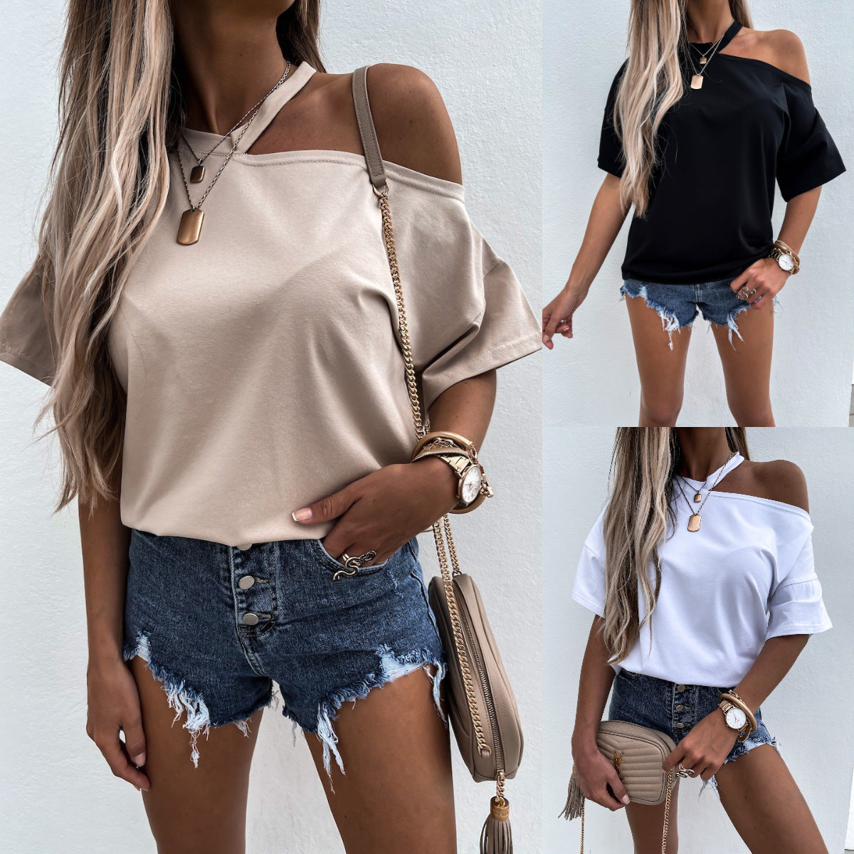 Women's Solid-color Patchwork Off-shoulder Crew-neck Top