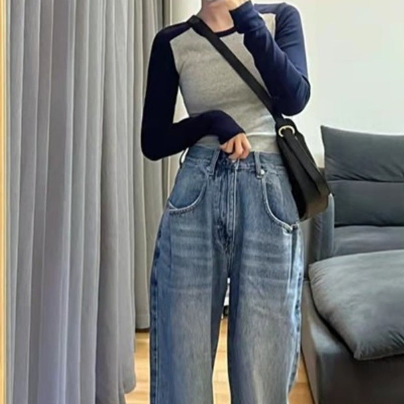 American-style Vintage Long-sleeve Knit Contrast-color Crewneck Slim-fit Patchwork Top