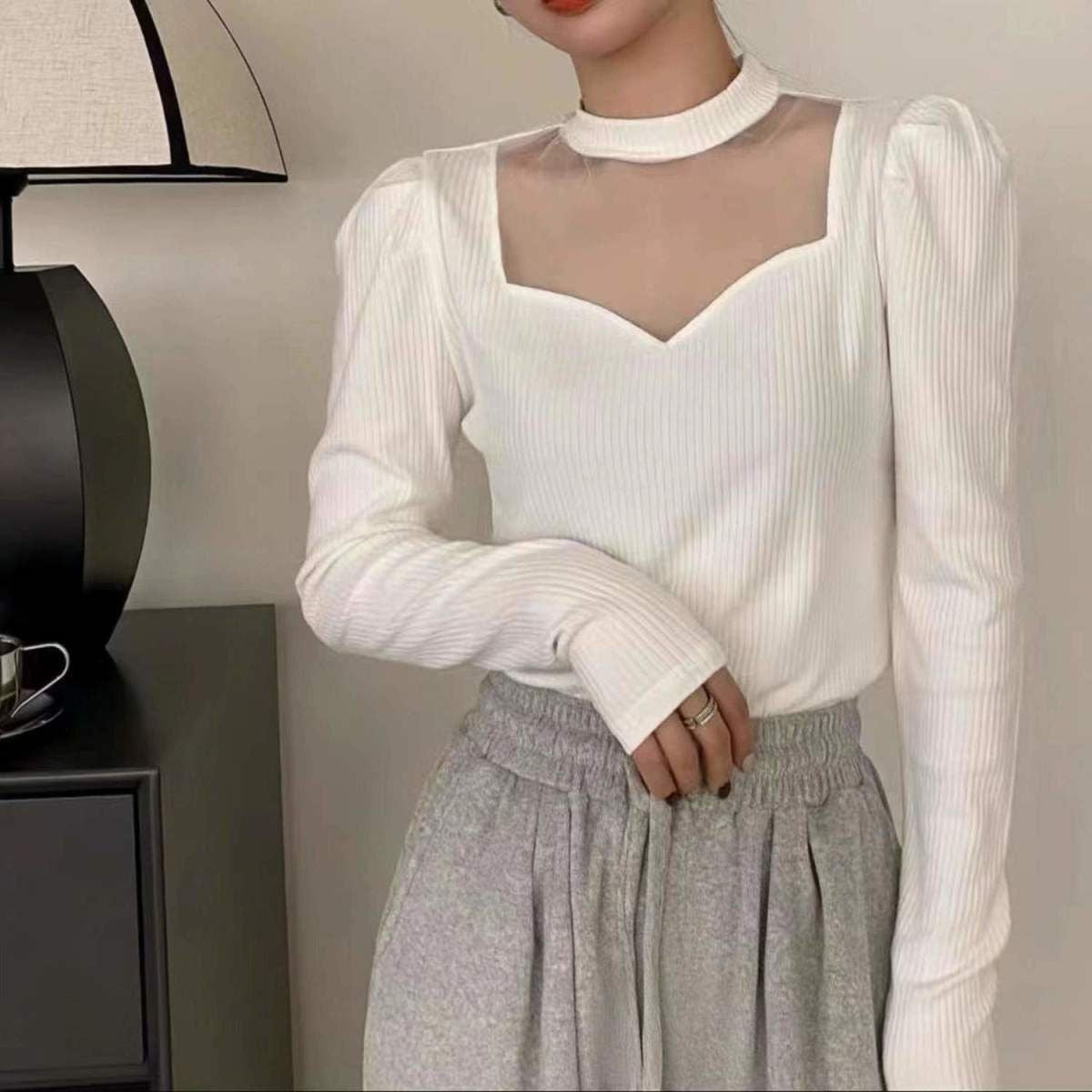 AutumnWinter Thin Mesh Knitted Solid-color Women's Top With Tummy-Contouring Design