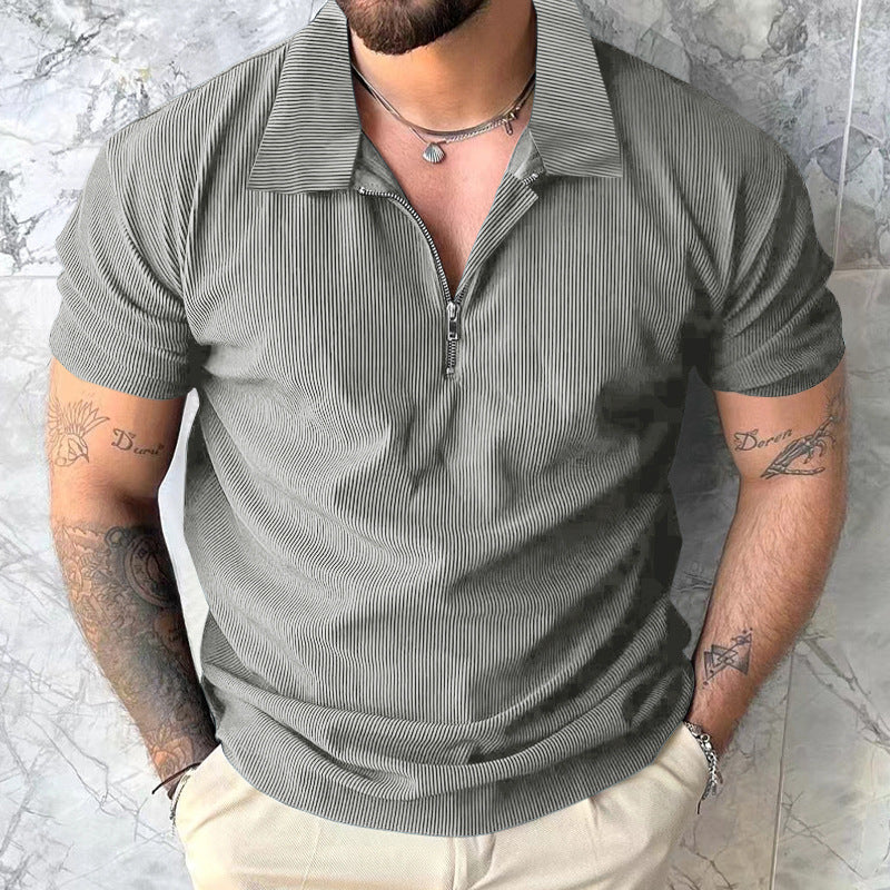 Solid Color Short Sleeve Men's Zipper Polo Shirt