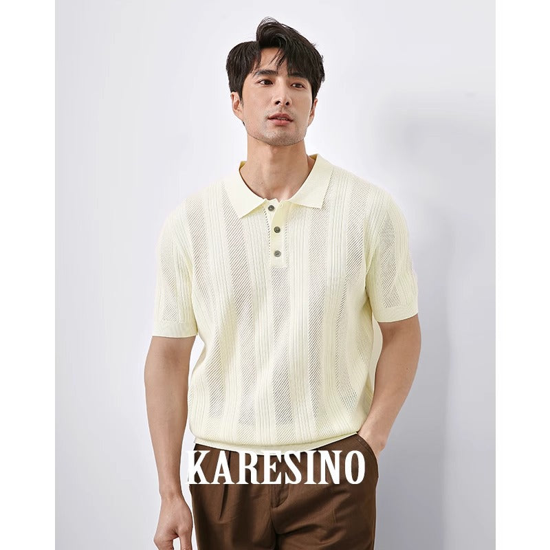 Summer New Hollowed Out Lapel Knit Men's Fashion Casual Short Sleeve