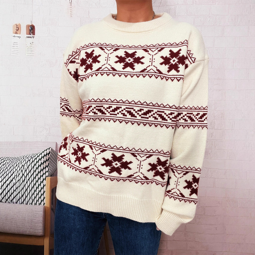Holiday Christmas Sweater With Snowflake Jacquard Contrasting Colors And Crew Neck
