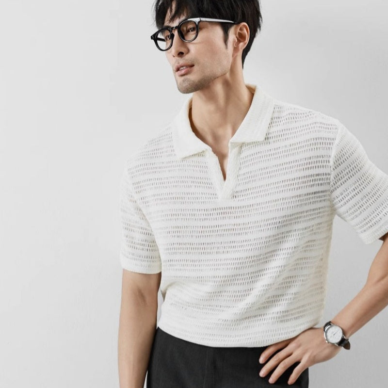 Men's V-neck Short-sleeved Knitted Sweater With Hollow-out Design For Summer, Made Of Cool Silk