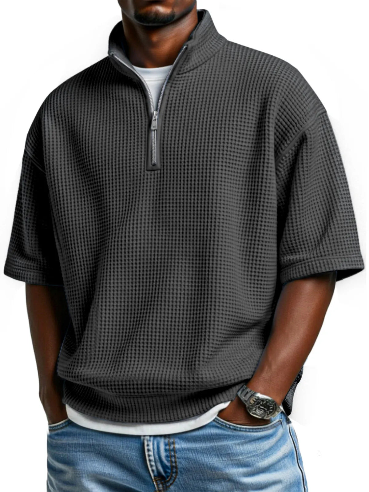 Waffle-knit Short-sleeve Polo Shirt For Men Loose-fitting Half-zip T-shirt