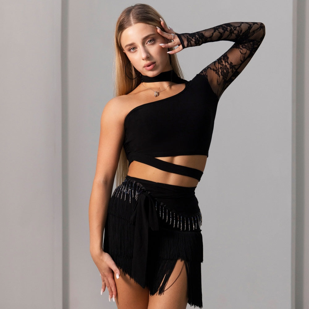 Latin Dance Practice Outfit Lace-spliced Top With Tassel Mini Skirt