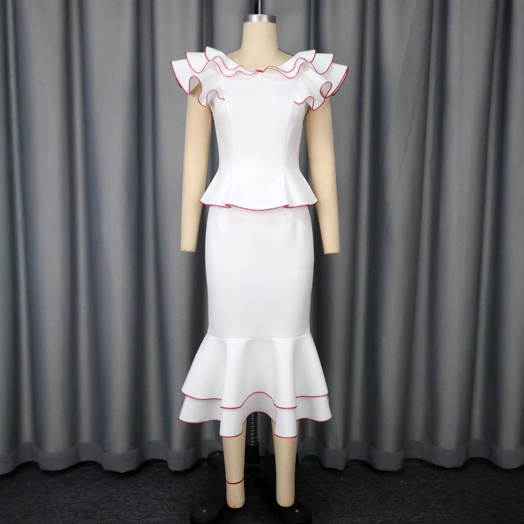 Women's Ruffled Contrast Color Top Temperament Slim Fishtail Skirt Suit