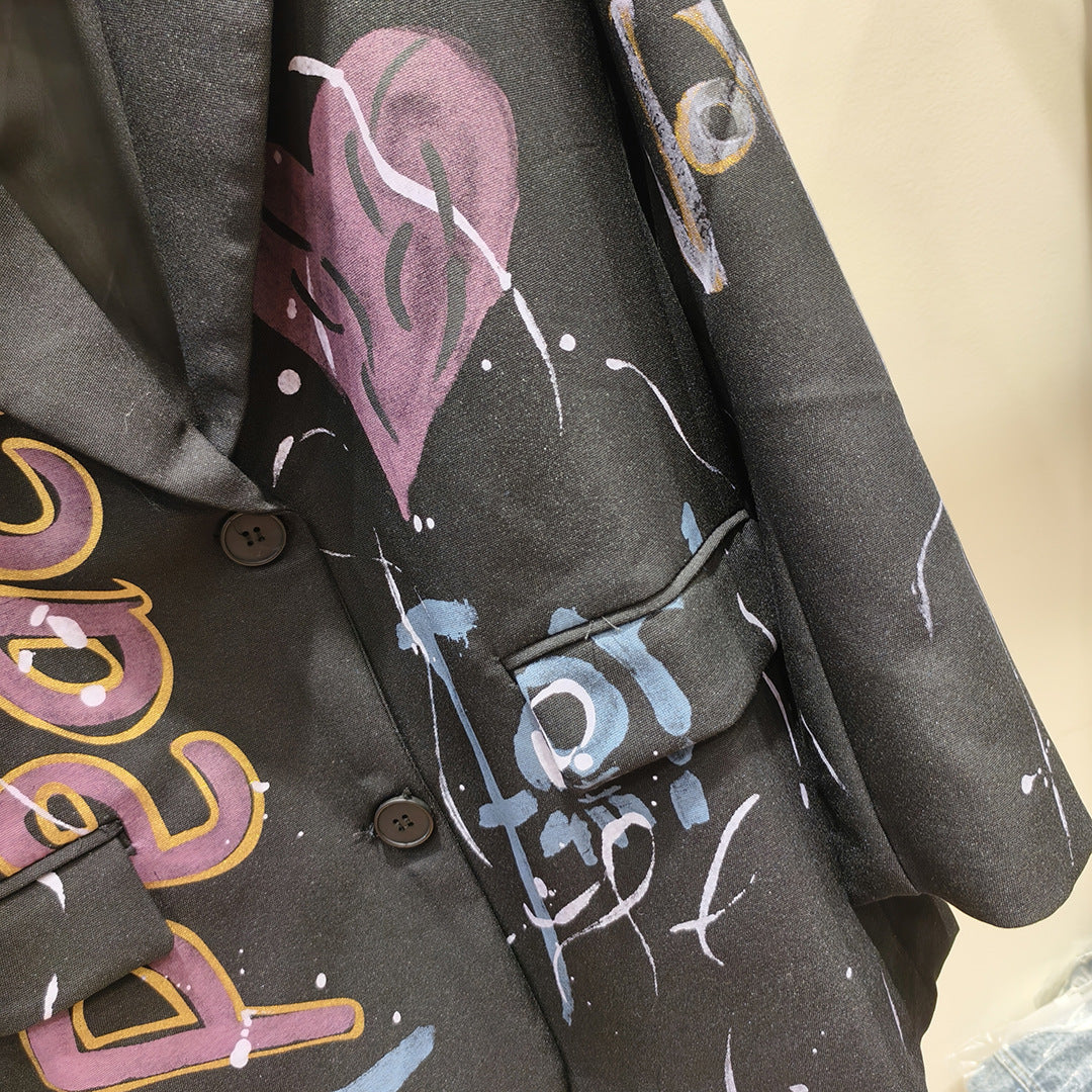 Rare And Eye-catching Colorful Letter Graffiti-print Loose-fitting Jacket