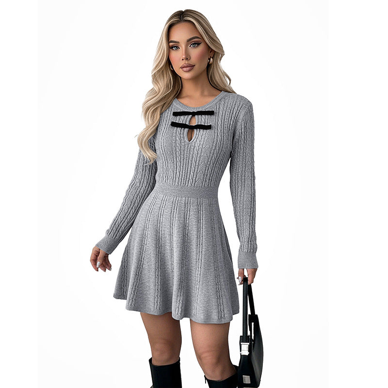 New High-end Gray Textured Knit Slim-fit Dress For Women