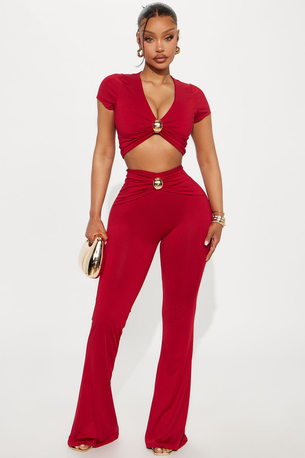 Low-cut V-neck Short-sleeved T-shirt Top With Hardware Waist-length Bodycon Trousers Set