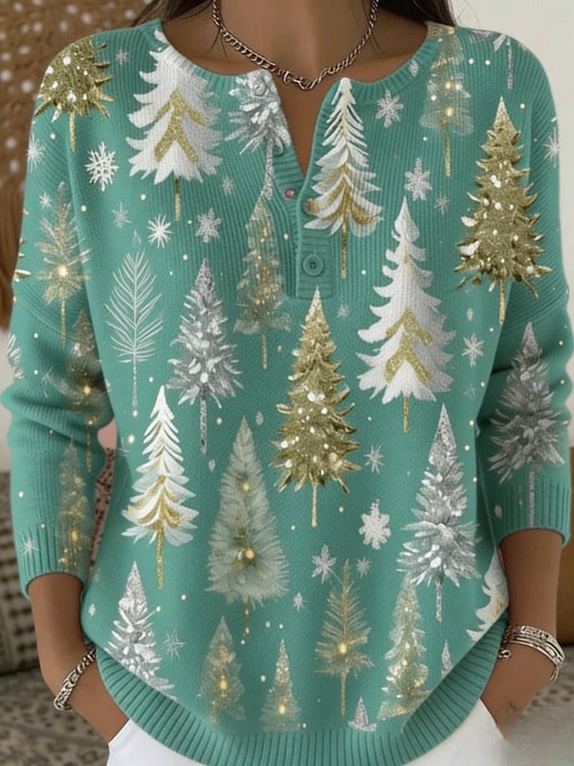 New Retro 3D Digital-Print Polo Sweater With Three Buttons And A Crew Neck