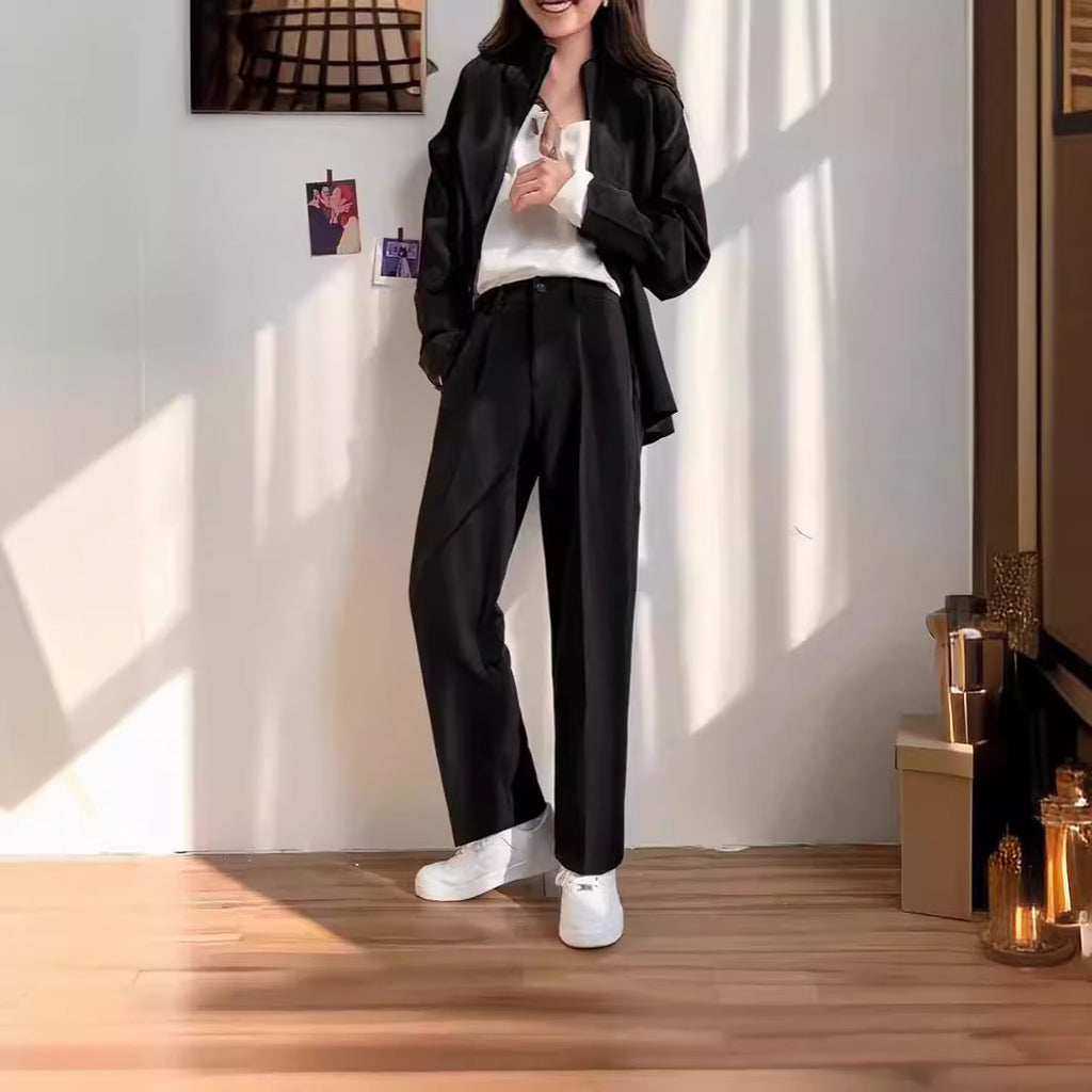 Black Straight-leg Draping Cropped Loose-fit Pants