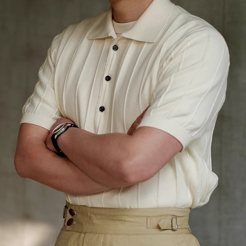 Summer New Short Sleeve Knitted Shirt Men Lapel Business Slim Vertical Stripe