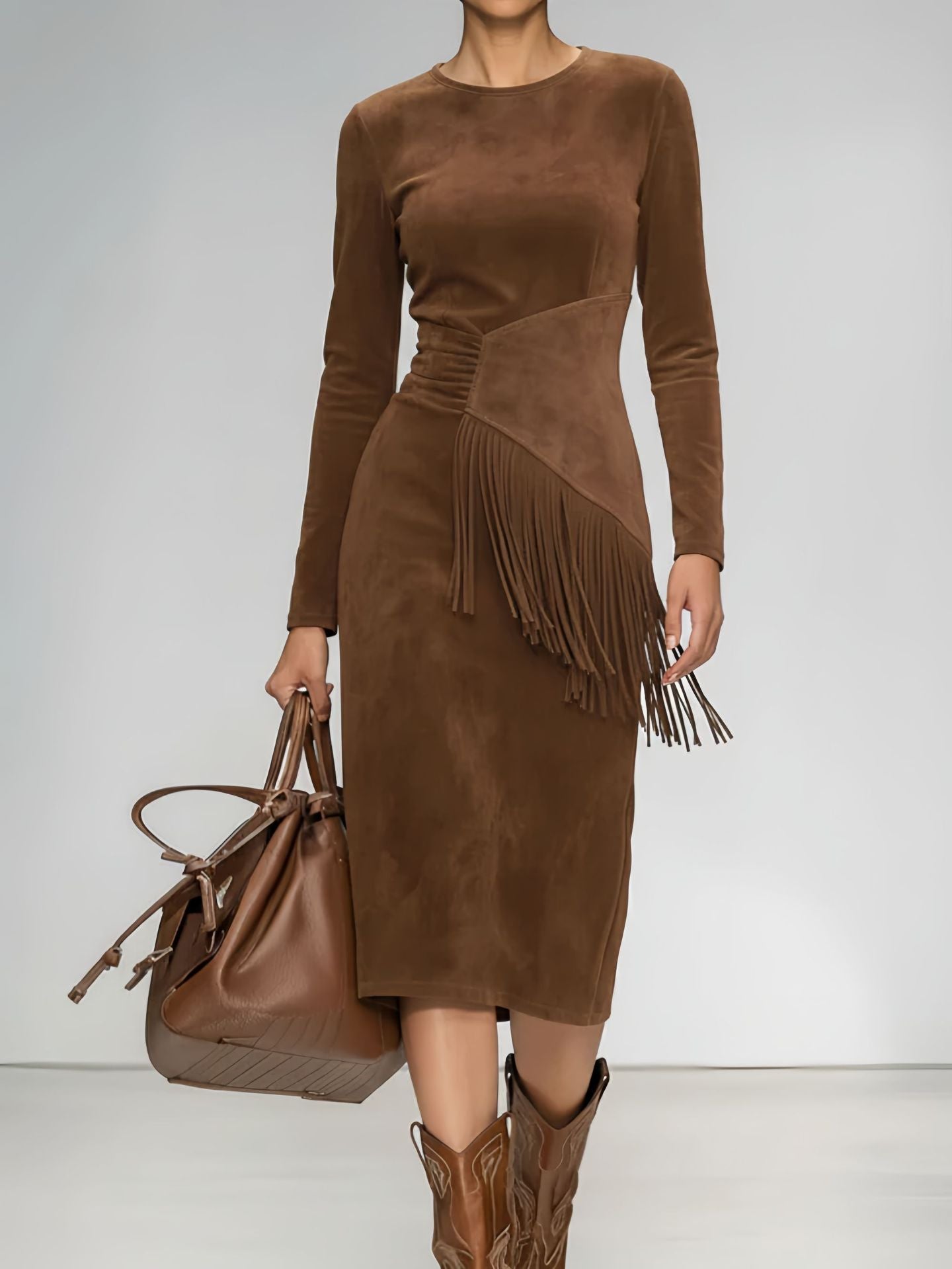 Women's Retro Western Crew-Neck Long-Sleeve Fringed Suede Velvet Dress