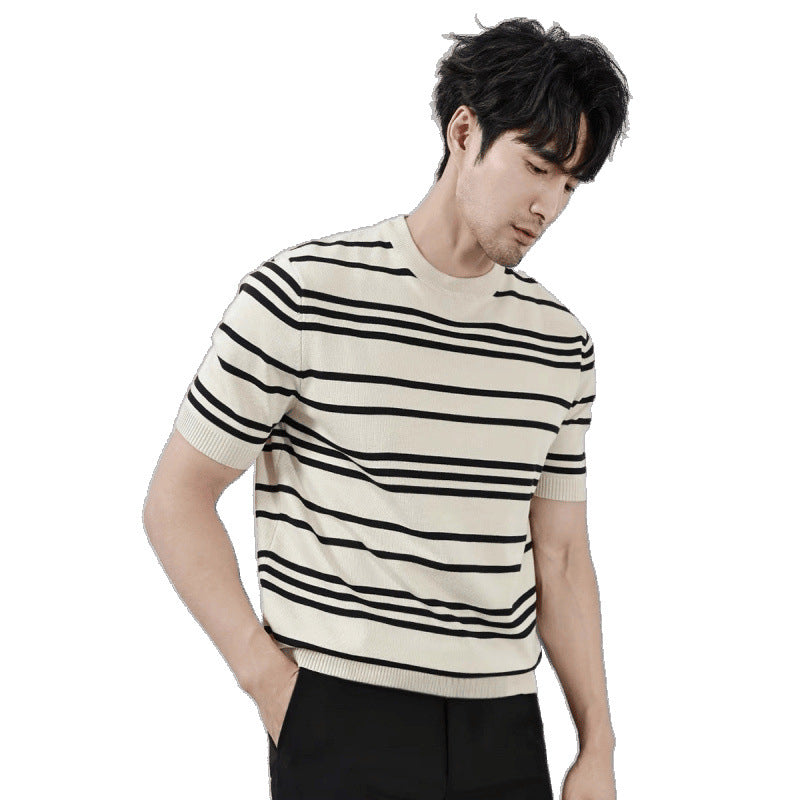 Knitted Ice Silk T-shirt Men's Short Sleeve Black And White Stripes