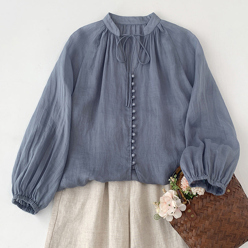 Women's Loose Cotton And Linen Single Row Button Tied Shirt
