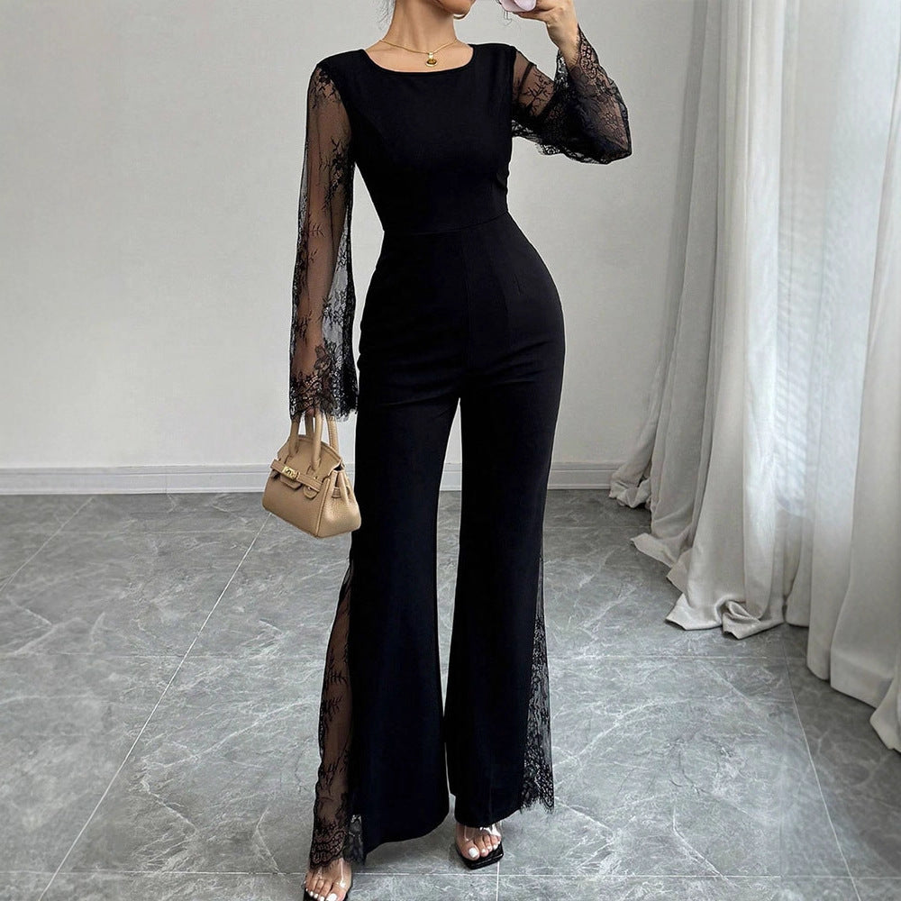 Lace-embellished Long-sleeve Crew-neck Bodycon Jumpsuit With A Cinched Waist And Hip-lifting Design